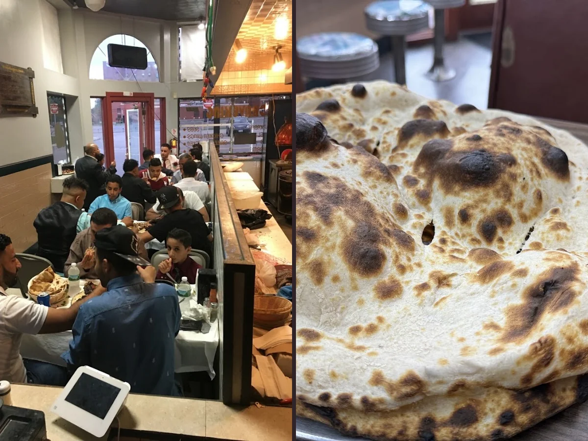 Shared meal with flatbread and greens