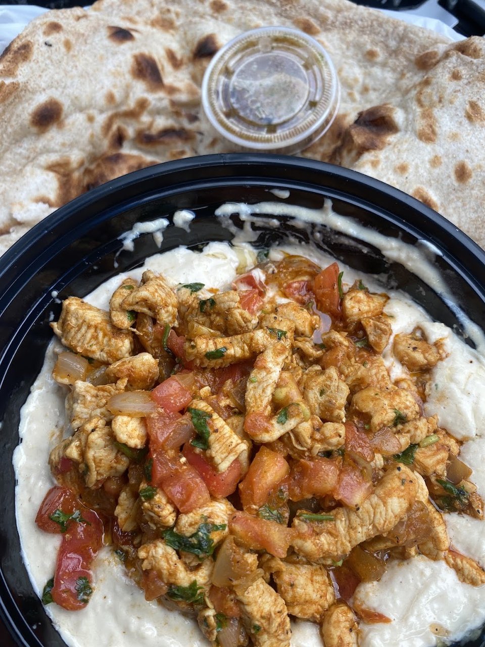 Chicken Ghallaba over Hummus 1 Bread